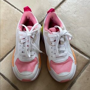 Puma Kids White and Pink Sneakers with Orange Accents